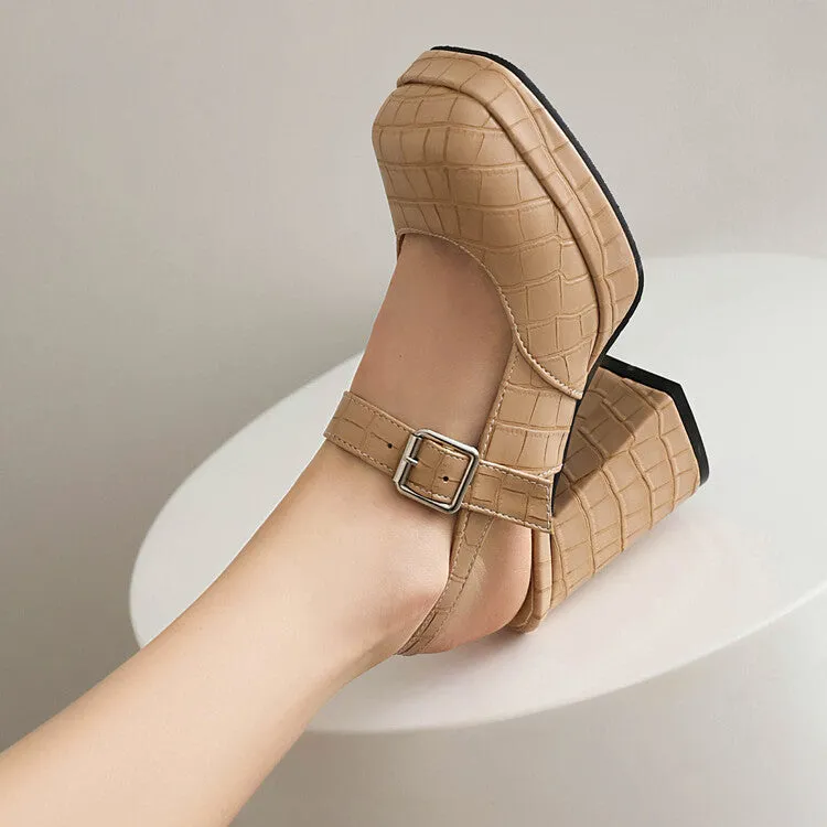 Women's Square Toe Shallow Buckle Straps Block Chunky Heel Platform Sandals