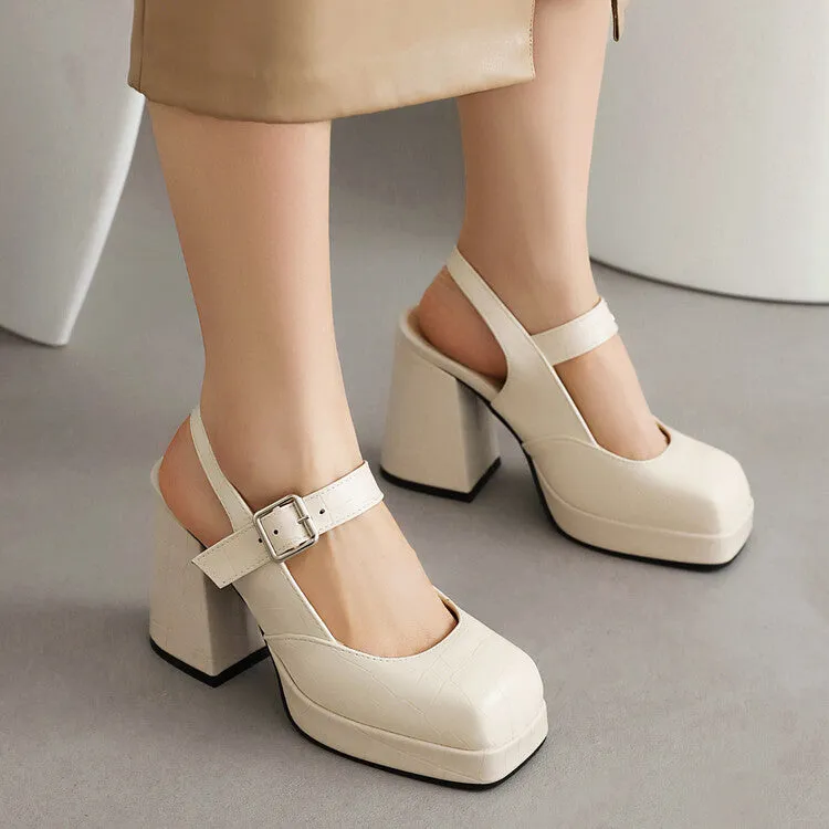 Women's Square Toe Shallow Buckle Straps Block Chunky Heel Platform Sandals