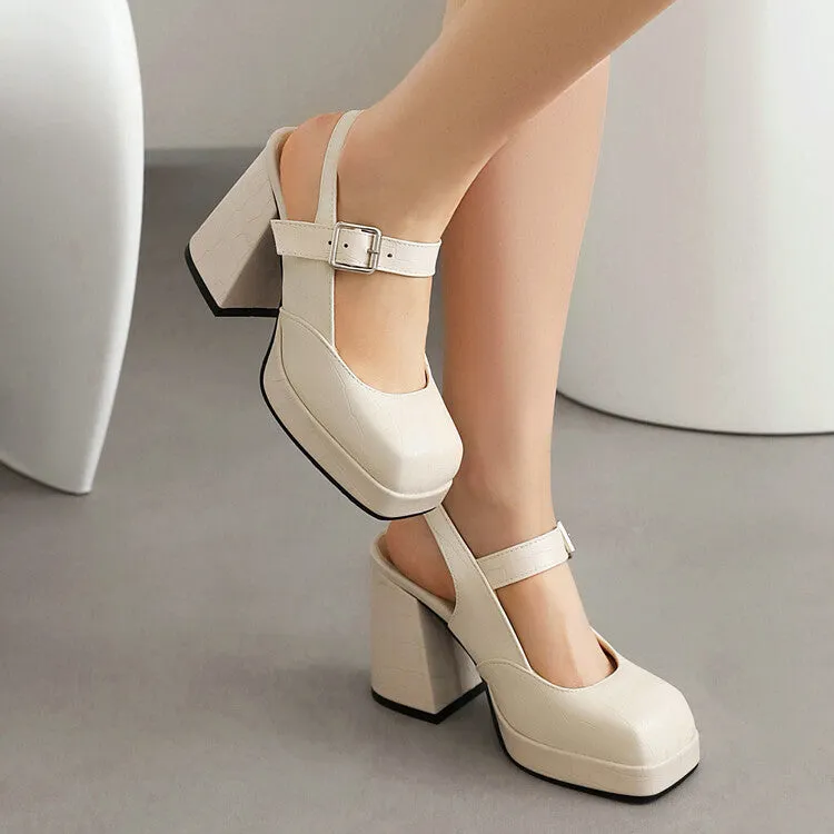 Women's Square Toe Shallow Buckle Straps Block Chunky Heel Platform Sandals