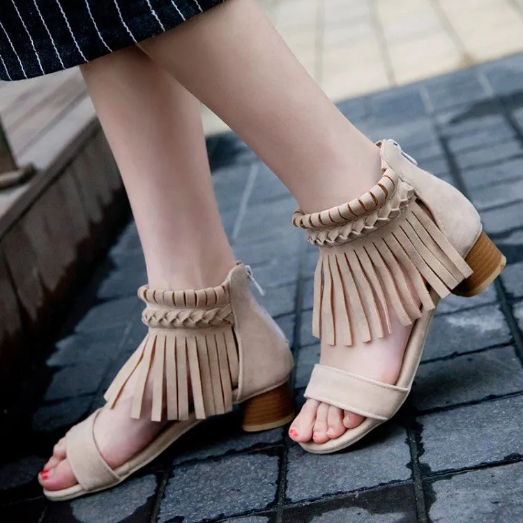 Women's Woven Tassel Ankle Strap Block Heel Sandals