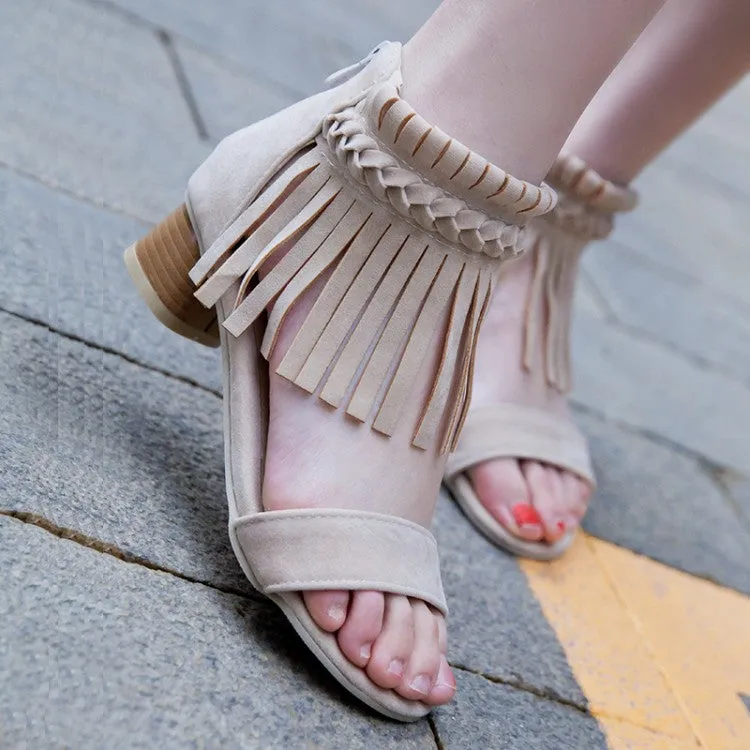 Women's Woven Tassel Ankle Strap Block Heel Sandals