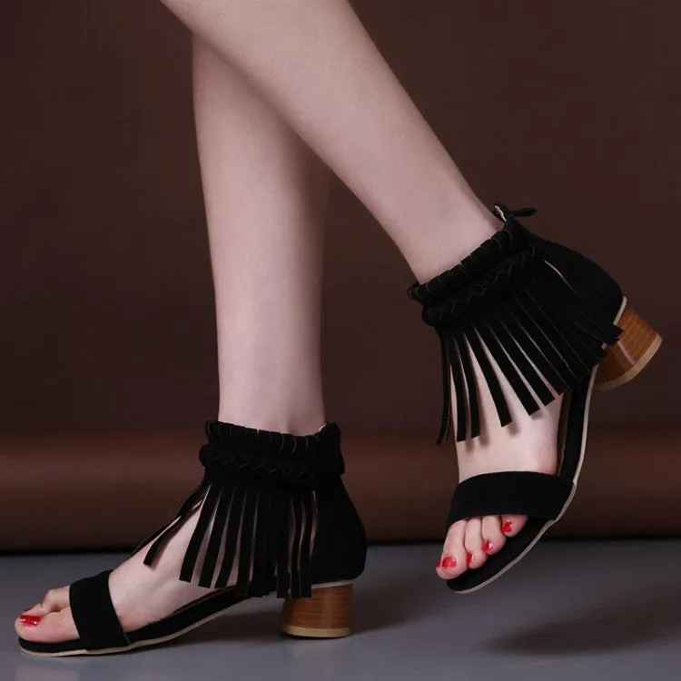 Women's Woven Tassel Ankle Strap Block Heel Sandals