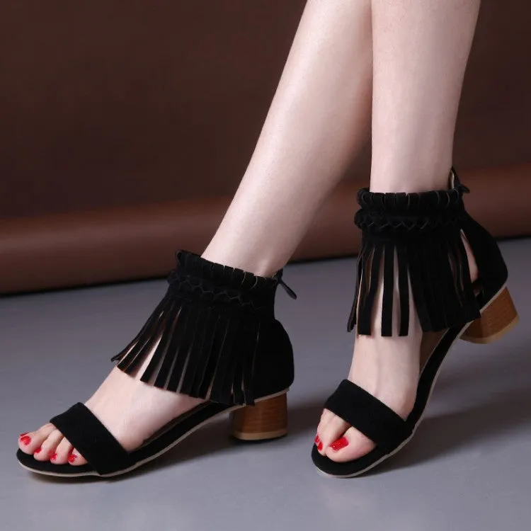 Women's Woven Tassel Ankle Strap Block Heel Sandals